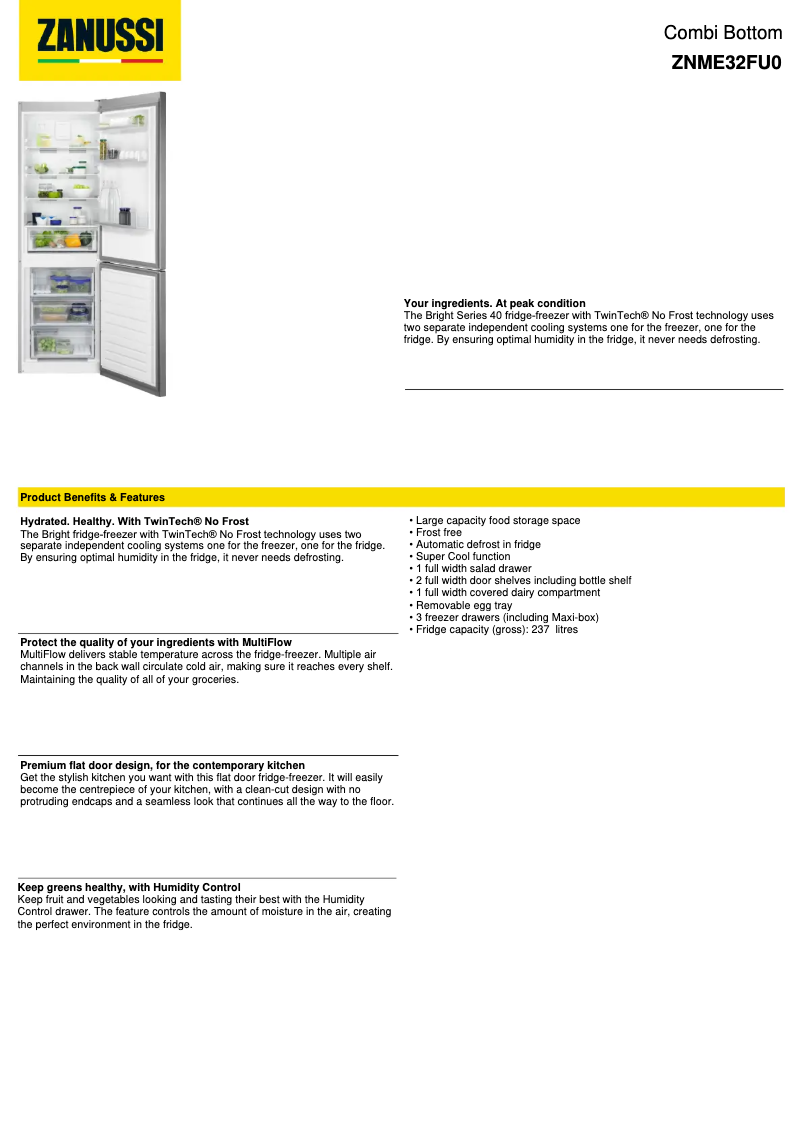 Page 1 de la notice Fiche technique Zanussi ZNME32FU0