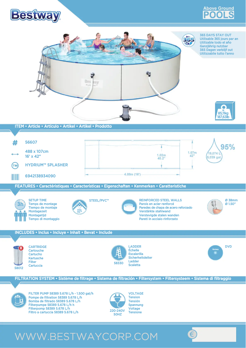 Page 1 de la notice Manuel utilisateur Bestway Hydrium 4.88m x 1.07m Splasher