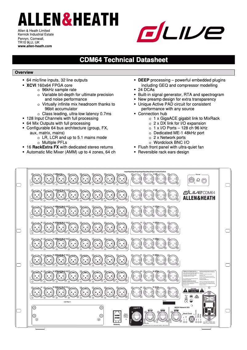 Página 1 del manual Ficha técnica Allen & Heath dLive CDM64