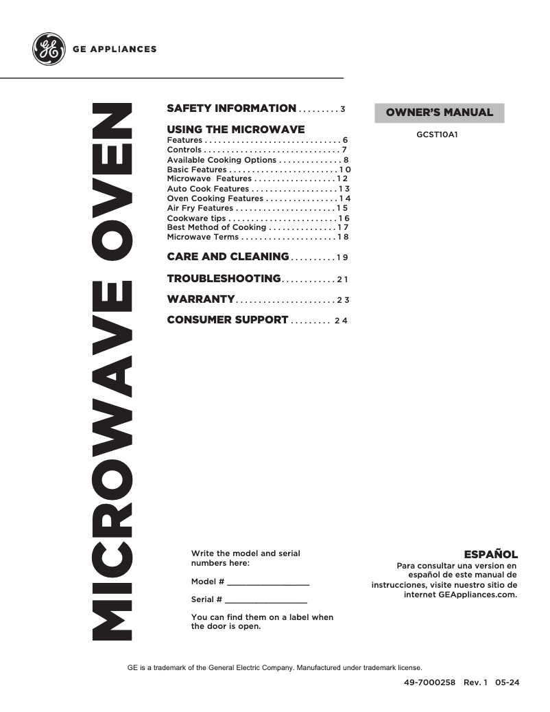 Page n°1 - Manuel d'utilisation et d'entretien GE GCST10A1