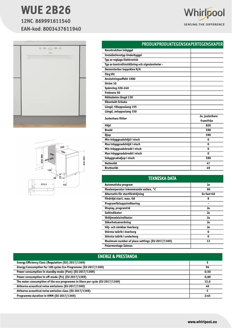 Page 1 de la notice Fiche technique Whirlpool WUE 2B26