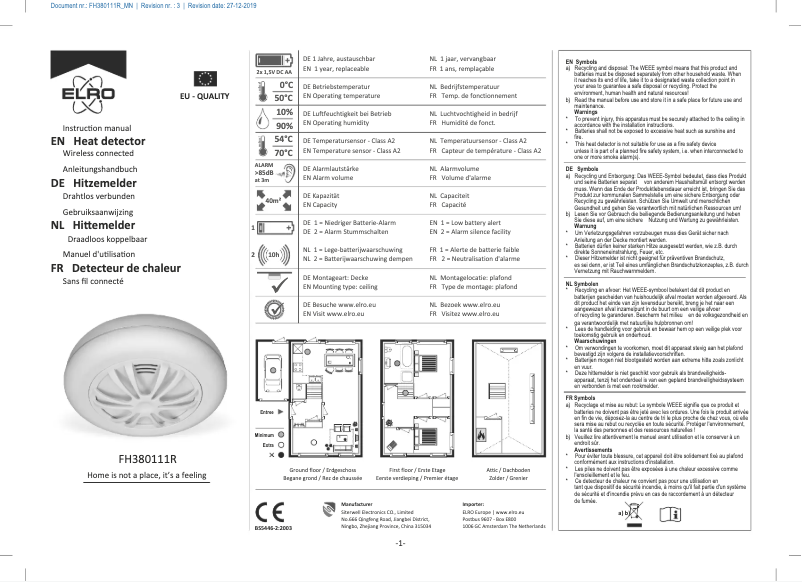 Page 1 de la notice Manuel utilisateur Elro FH380111R