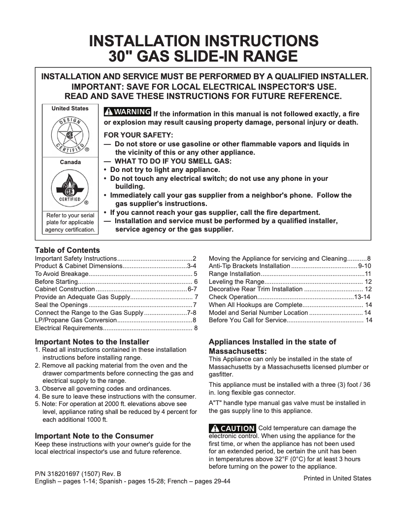 Page 1 de la notice Guide d'installation Frigidaire FFGS3025PW
