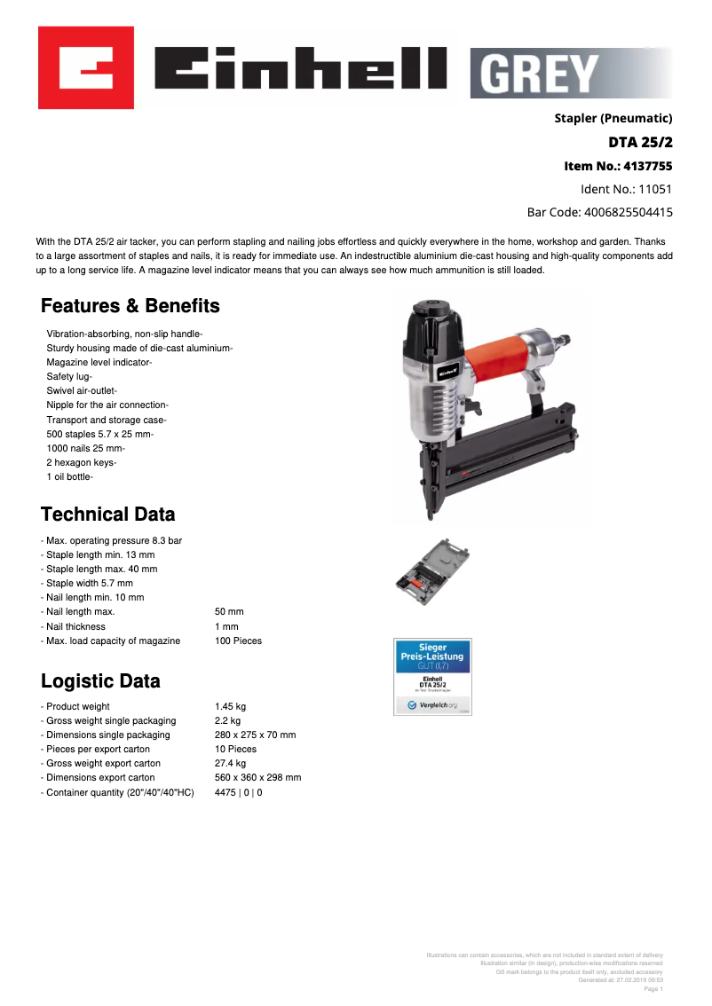 Página 1 del manual Ficha técnica Einhell DTA 25/2