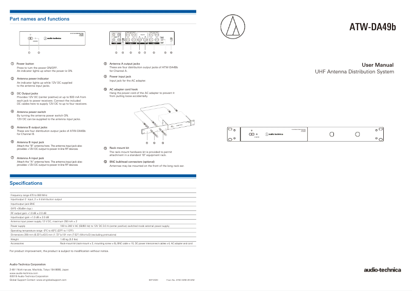 Page 1 de la notice Manuel utilisateur Audio-Technica ATW-DA49b