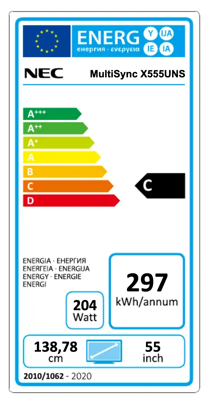 Page 1 de la notice Label énergétique NEC MultiSync X555UNS