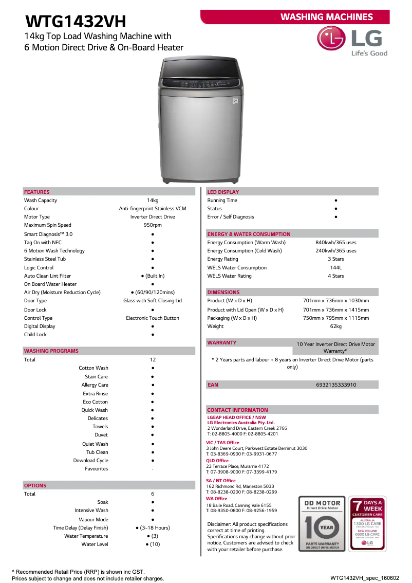 Page 1 de la notice Fiche technique LG WTG1432VH