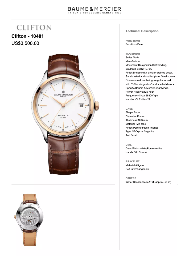 Page n°1 - Manuel utilisateur Baume & Mercier Clifton 10436