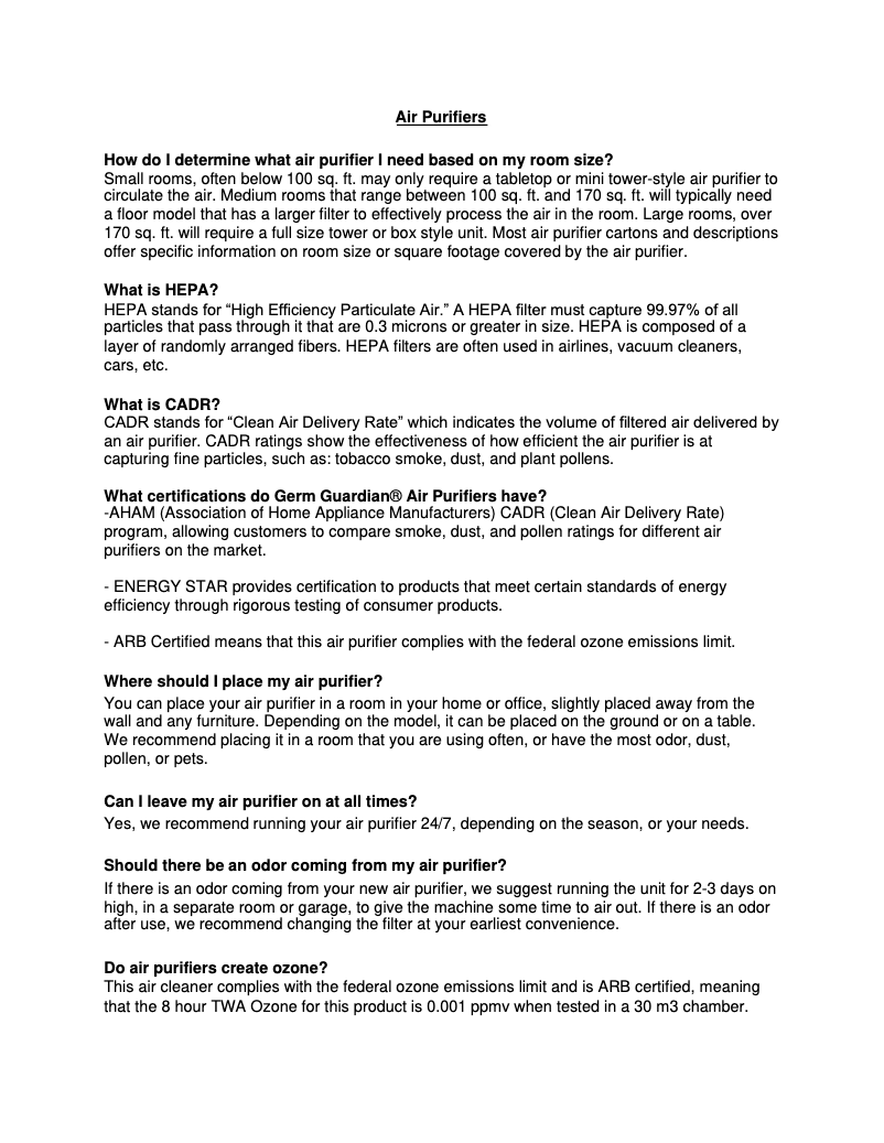 Page n°1 - FAQ PureGuardian DH201