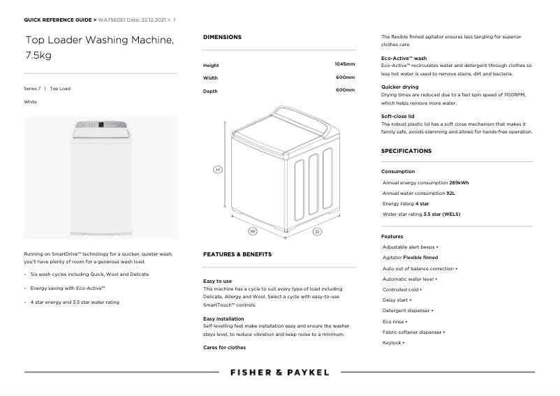 Page n°1 - Manuel utilisateur Fisher & Paykel WA7560E1
