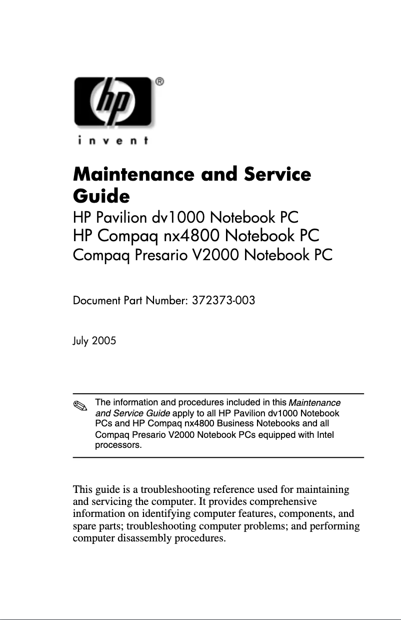 Page 1 of the manual User Manual HP Pavilion DV1500