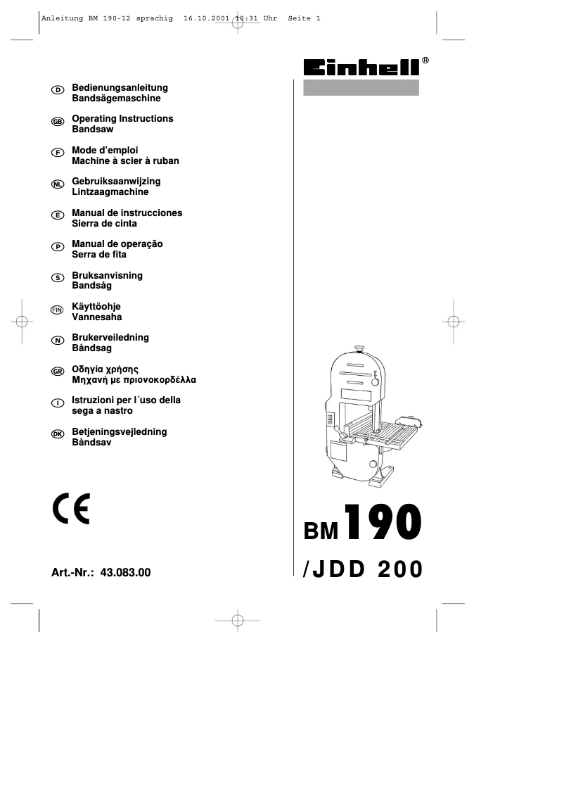 Page 1 de la notice Manuel utilisateur Einhell BM 190