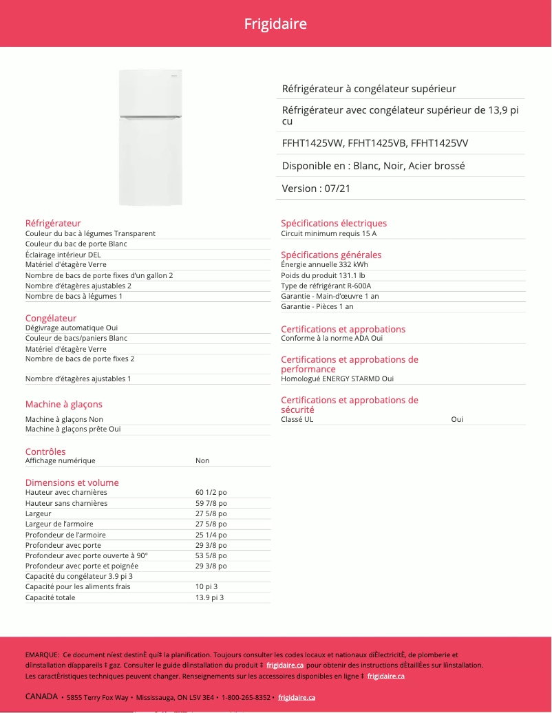 Image de la première page du manuel de l'appareil FFHT1425VW