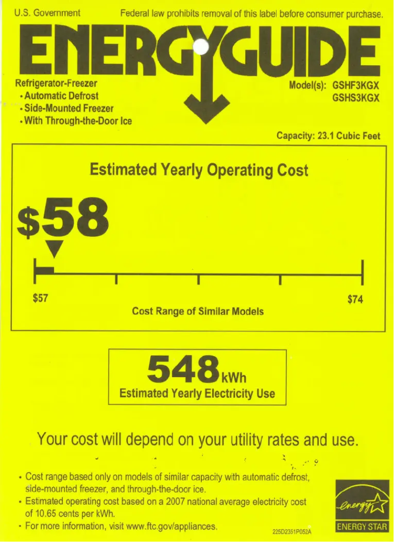 Page 1 of the manual Energy Label GE GSHF3KGXWW