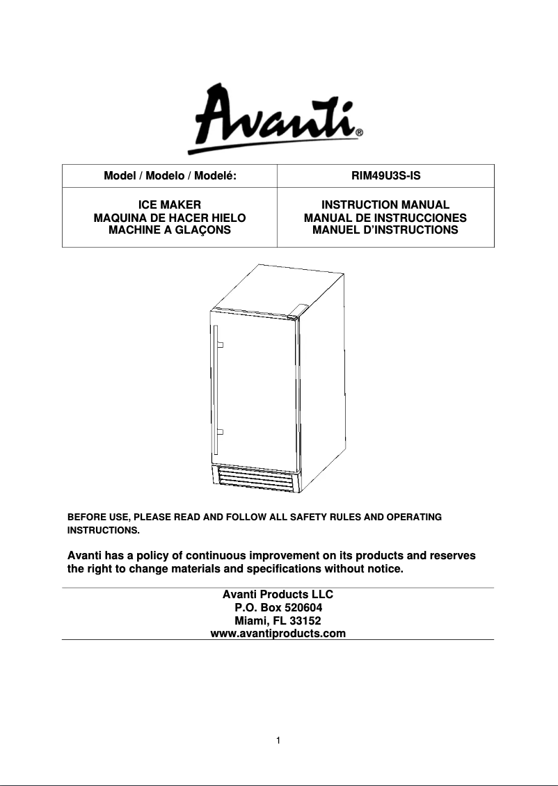 Page 1 of the manual User Manual Avanti RIM49U3S-IS