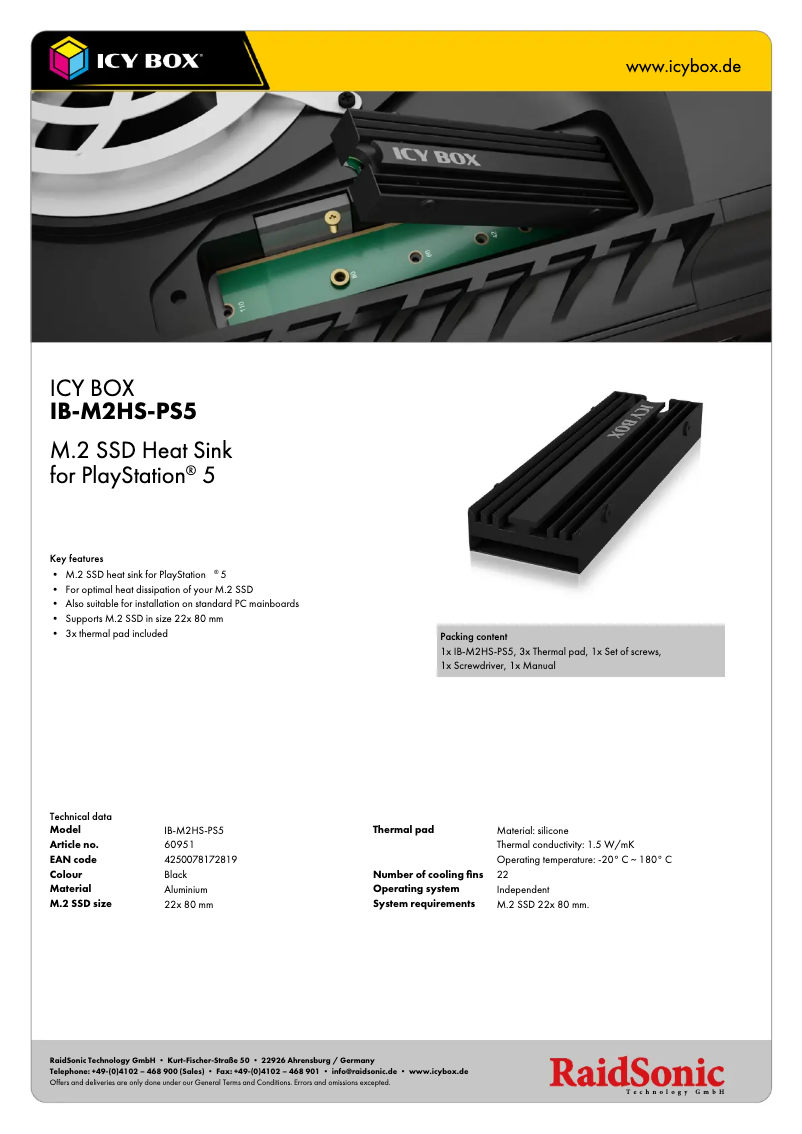 Page 1 de la notice Fiche technique Icy Box IB-M2HS-PS5