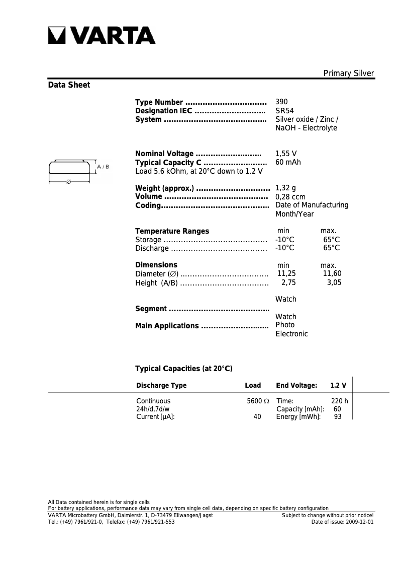 Page 1 de la notice Manuel utilisateur Varta Primary Silver Button V390 / SR 54