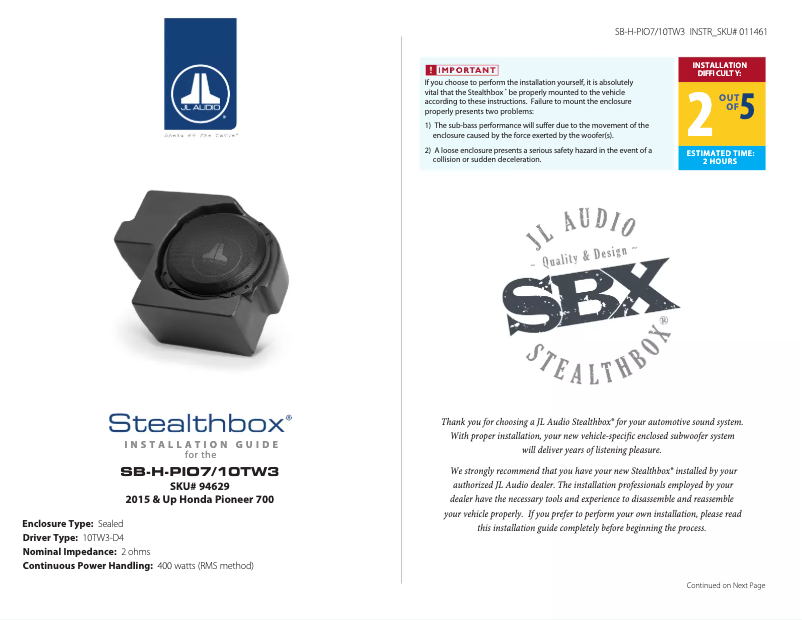 Page 1 de la notice Manuel utilisateur JL Audio Stealthbox SB-H-PIO7/10TW3