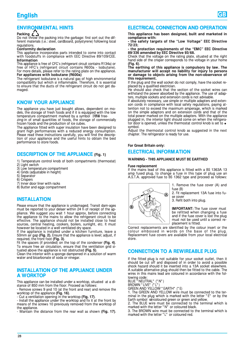 Page 1 de la notice Manuel utilisateur Whirlpool ART 419 G