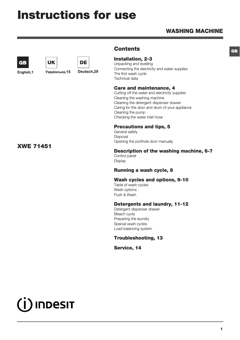 Page n°1 - Manuel utilisateur Indesit XWE 71451