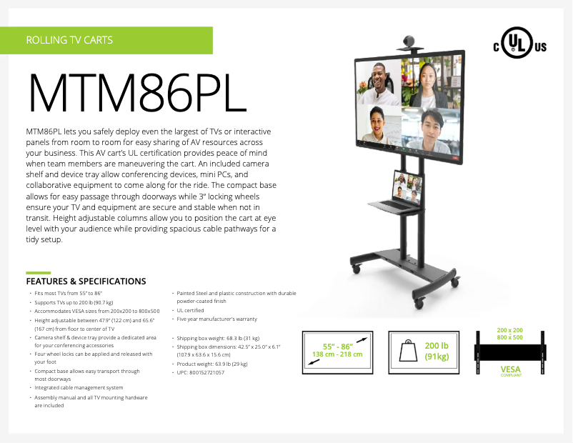 Page 1 de la notice Fiche technique Kanto MTM86PL