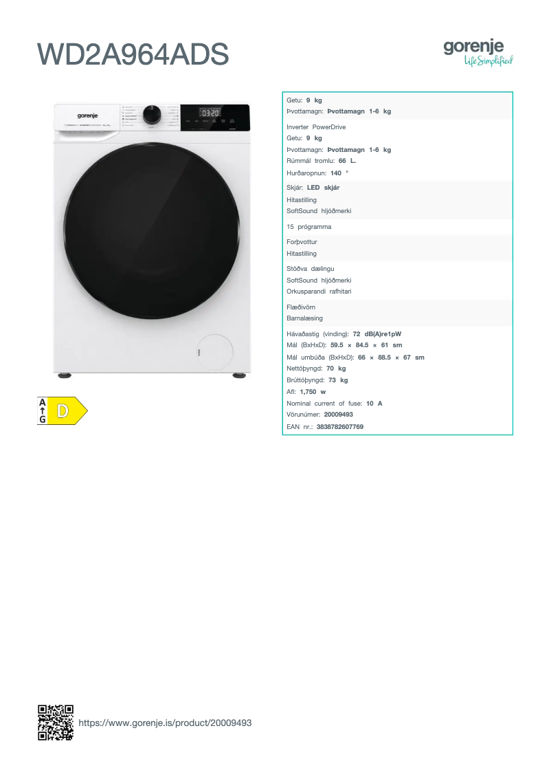 Page 1 de la notice Fiche technique Gorenje WD2A964ADS