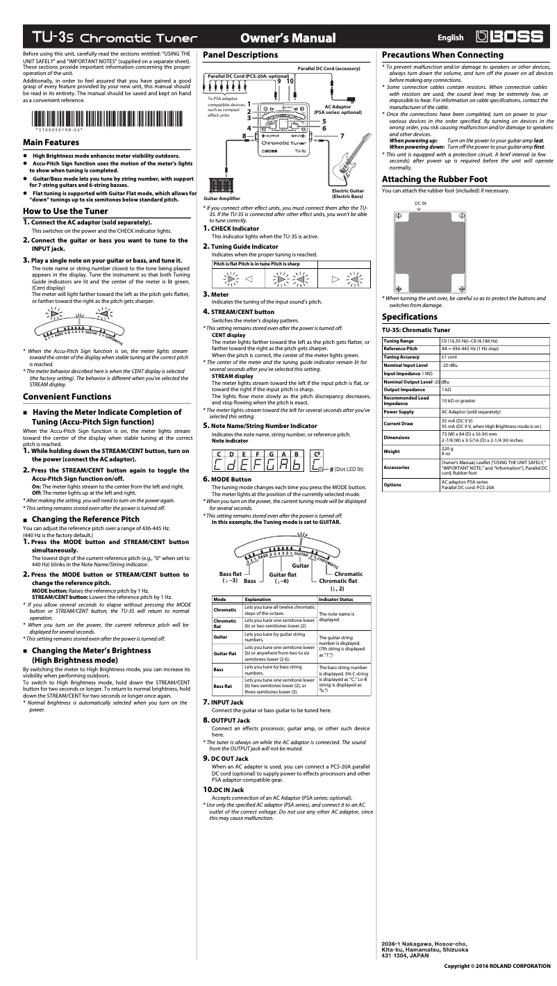 Page n°1 - Manuel utilisateur Boss TU-3S