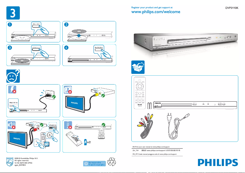 Page n°1 - Guide de démarrage rapide Philips DVP3110K