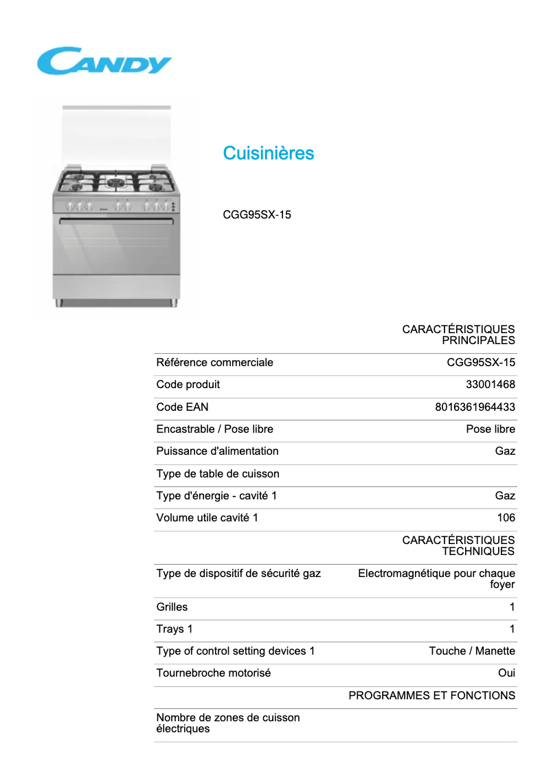 Page 1 de la notice Fiche technique Candy CGG95SX-15