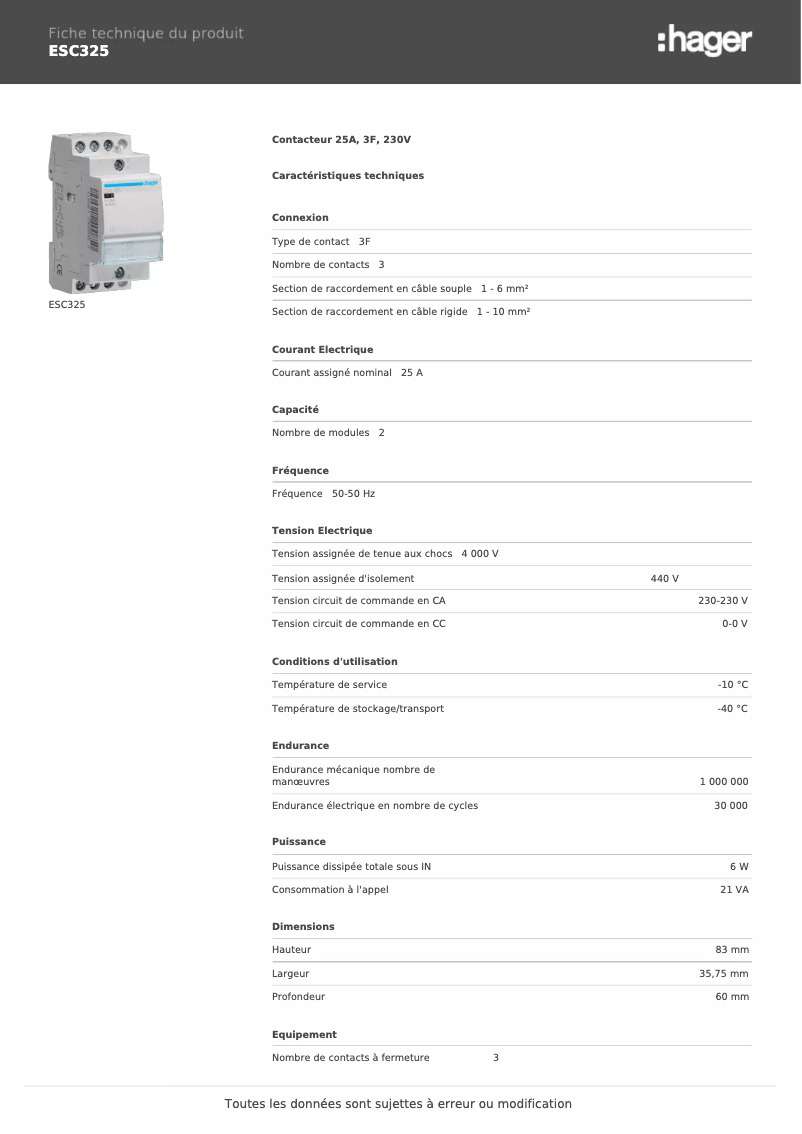 Page 1 de la notice Manuel utilisateur Hager ESC325