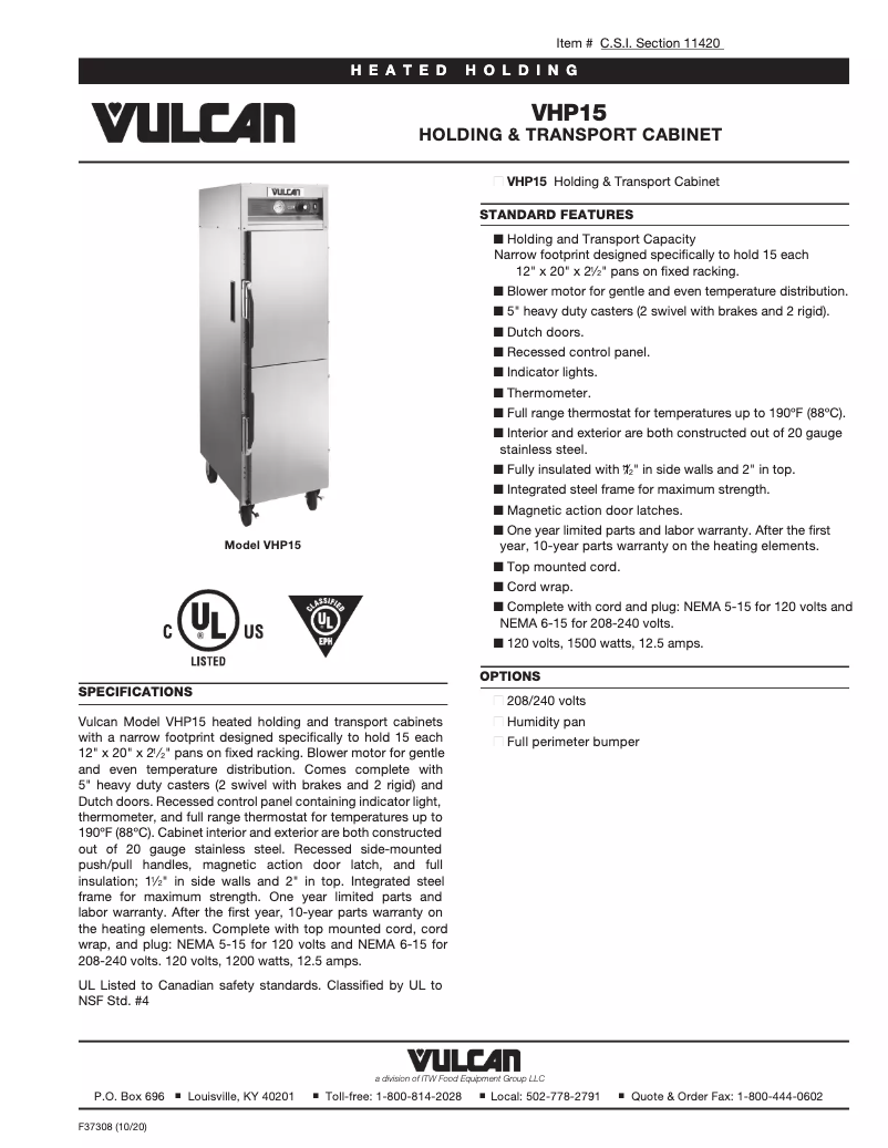 Page 1 de la notice Fiche technique Vulcan VHP15