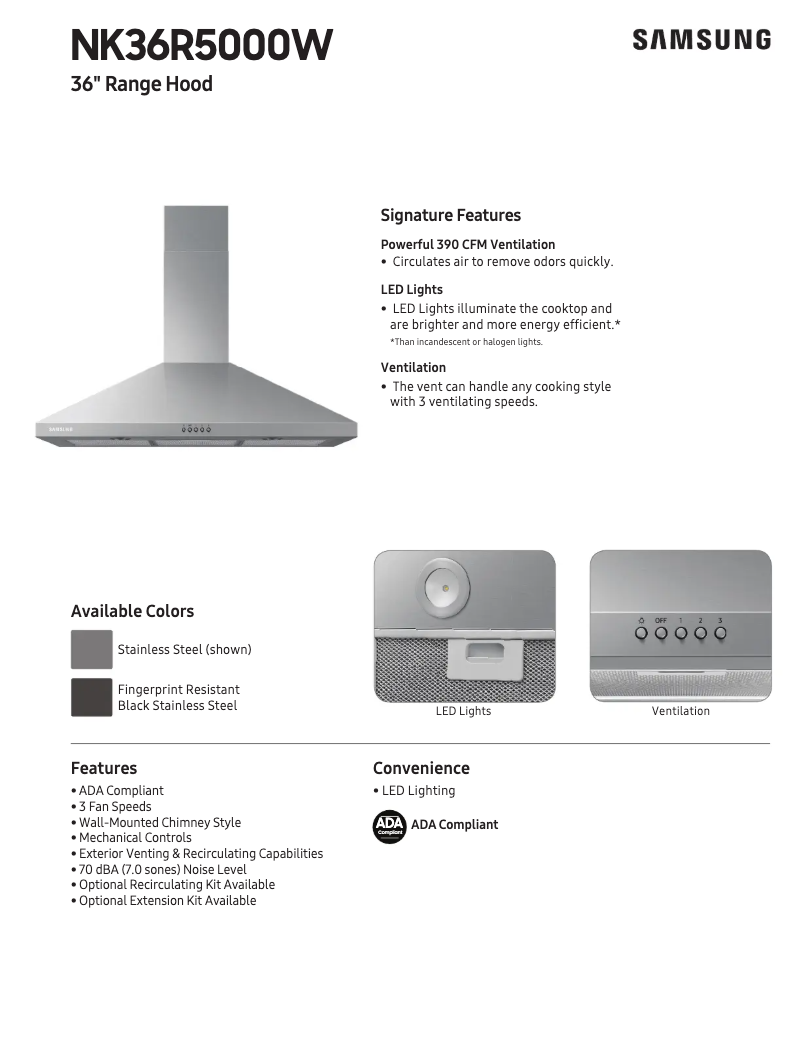 Page 1 de la notice Fiche technique Samsung NK36N7000US