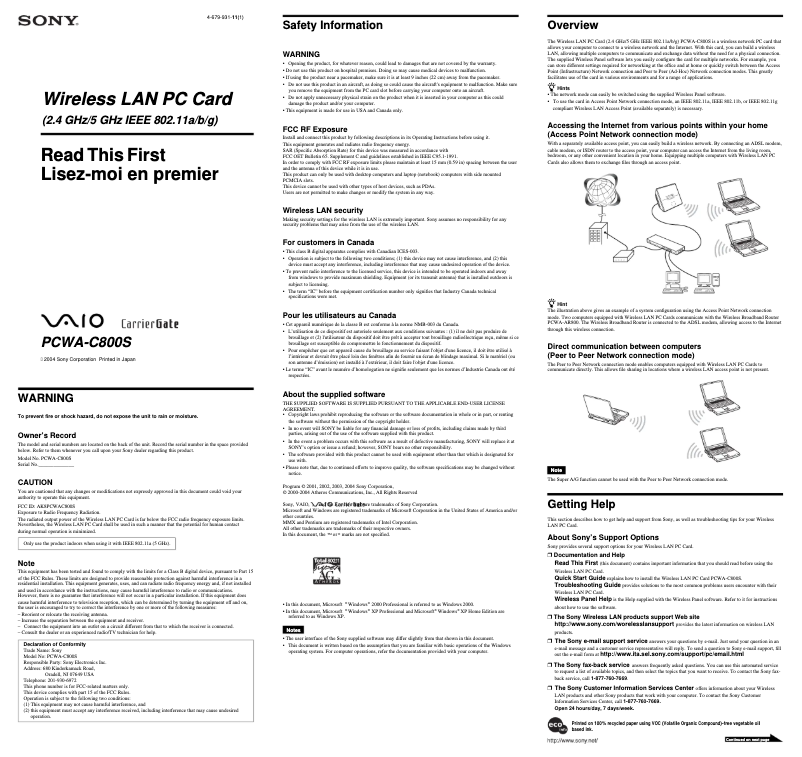 Page 1 de la notice Guide d'installation Sony PCWA-C800S