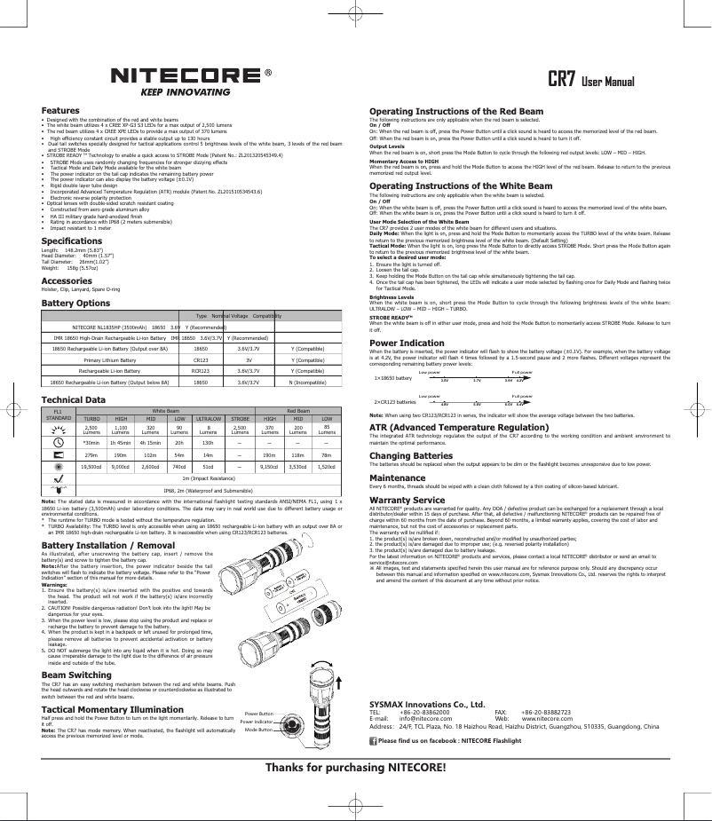 Page 1 de la notice Manuel utilisateur Nitecore CR7