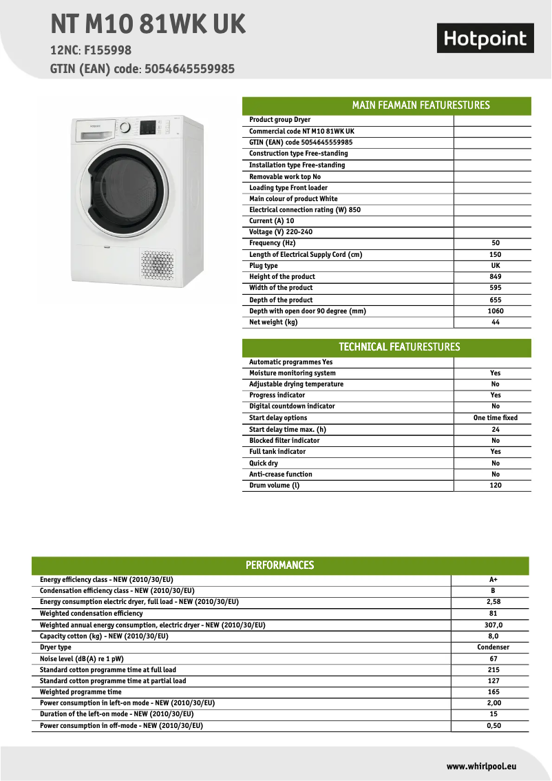 Page n°1 - Fiche technique Hotpoint NT M10 81WK UK