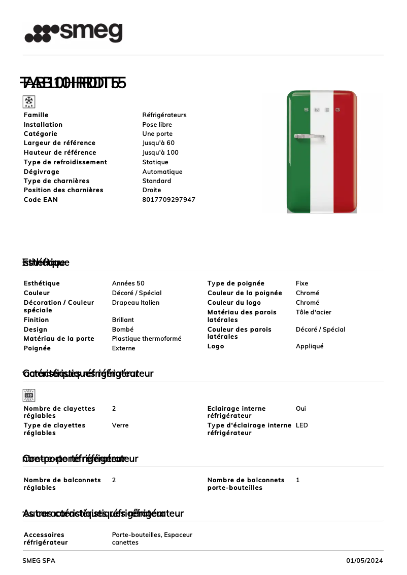 Page n°1 - Fiche technique Smeg FAB10HRDIT5