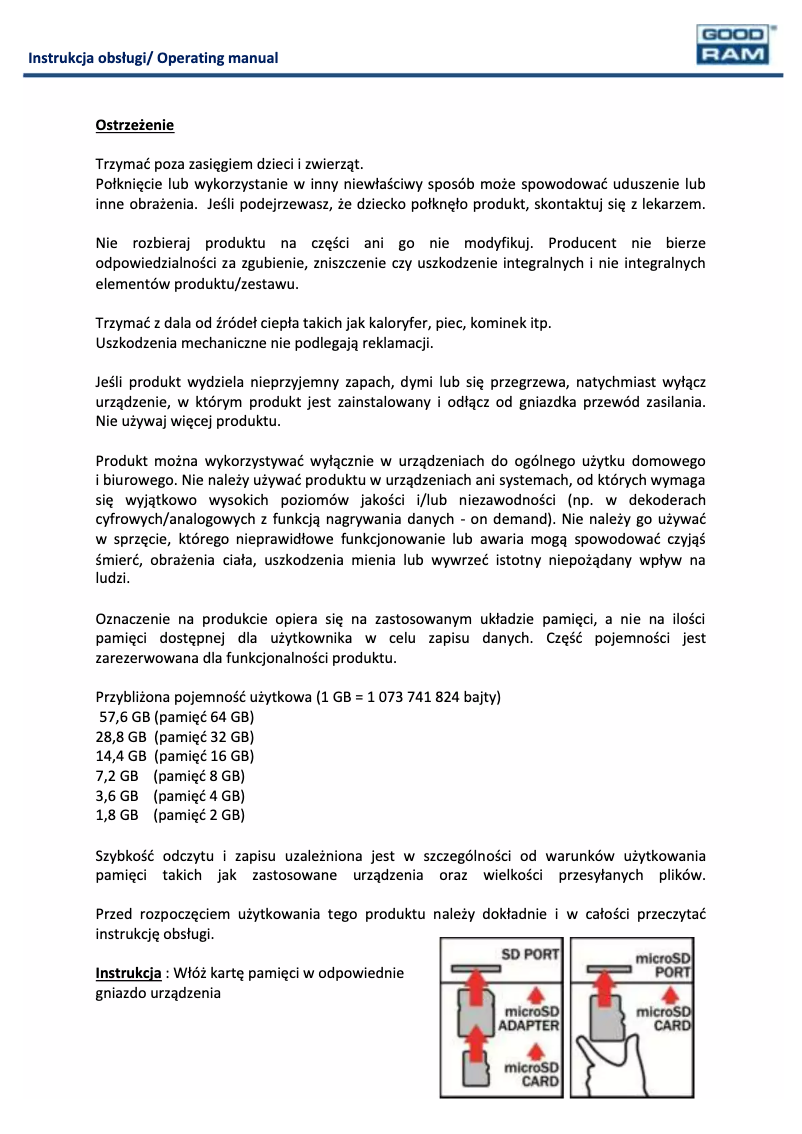 Page 1 de la notice Manuel utilisateur Goodram M1AA