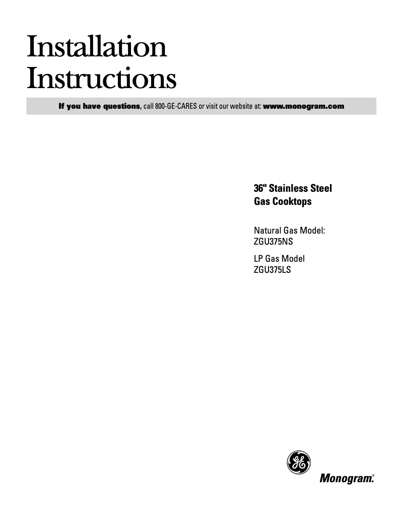Page n°1 - Guide d'installation GE ZGU375LSDSS