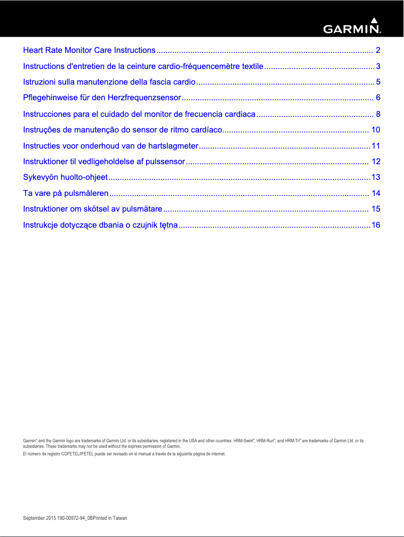 Page n°1 - Instructions / montage Garmin Heart Rate Monitor