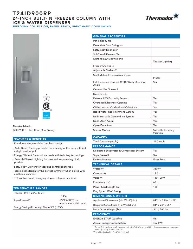 Page 1 de la notice Fiche technique Thermador T24ID900RP