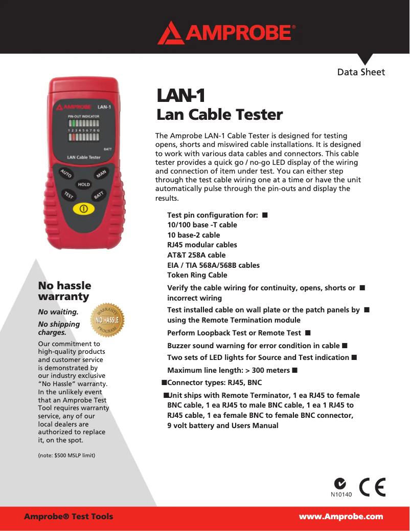 Page 1 de la notice Fiche technique Amprobe LAN-1