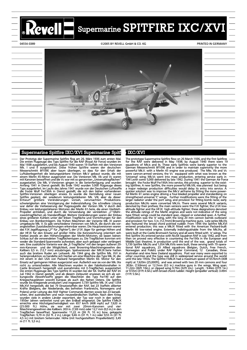 Image de la première page du manuel de l'appareil Supermarine SPITFIRE Mk.IX/XVI