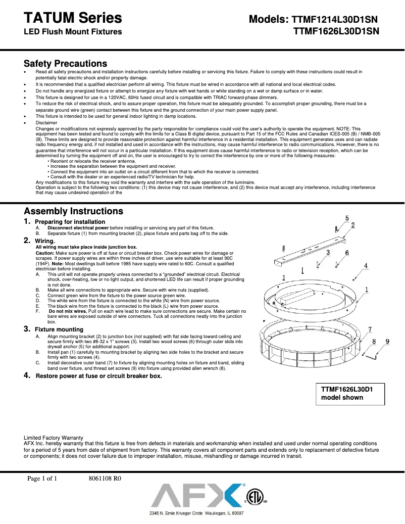 Image de la première page du manuel de l'appareil Tatum TTMF1626L30D1SN