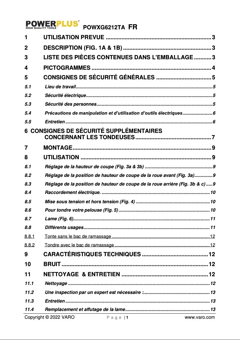 Page 1 de la notice Manuel utilisateur PowerPlus POWXG6212T