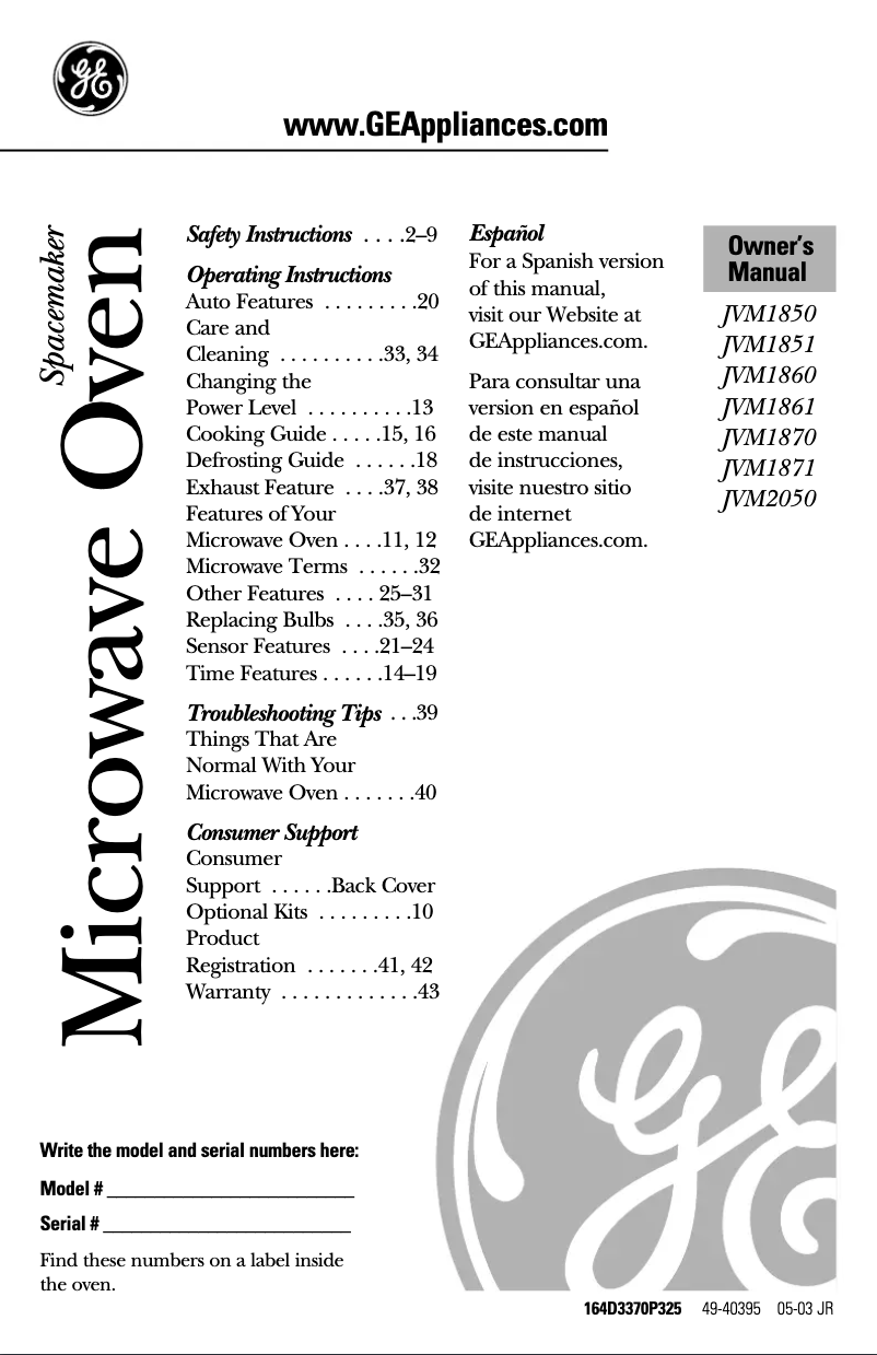 Page n°1 - Manuel d'utilisation et d'entretien GE JVM1851CF