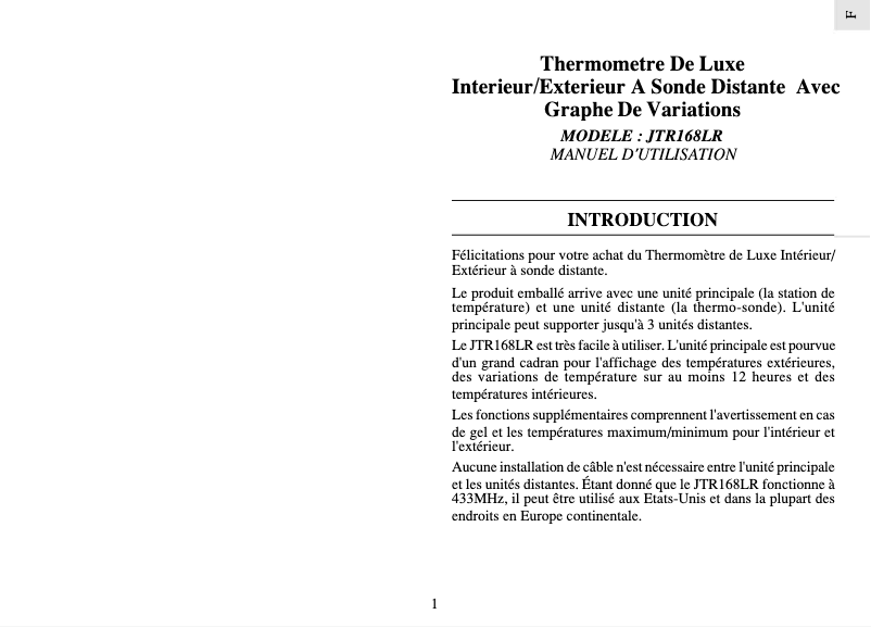 Page 1 de la notice Manuel utilisateur Oregon Scientific JTR168LR