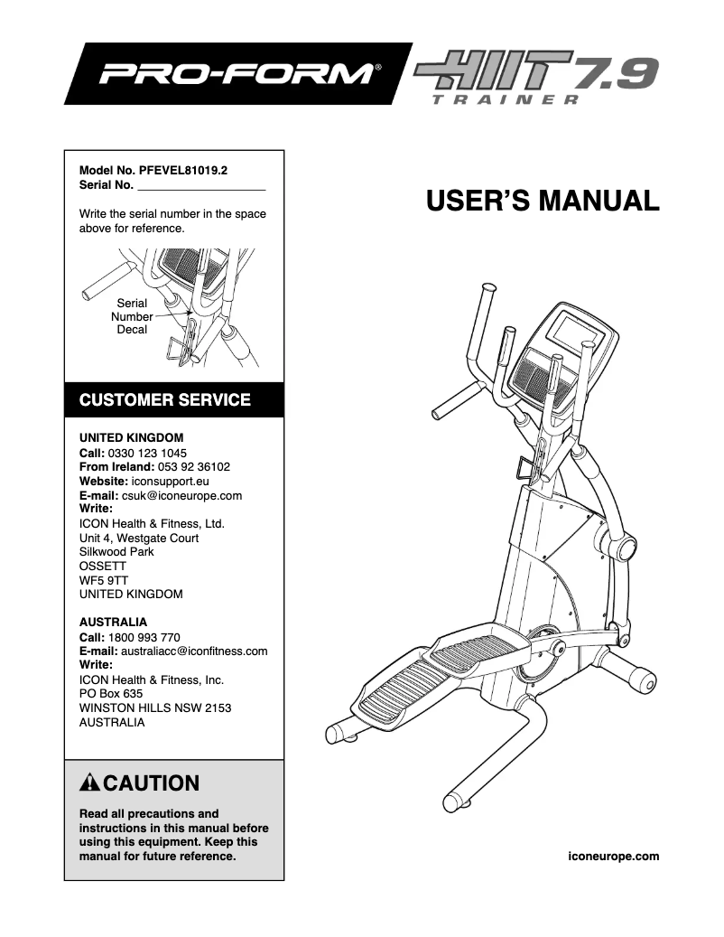 Page n°1 - Manuel utilisateur ProForm HIIT 7.9