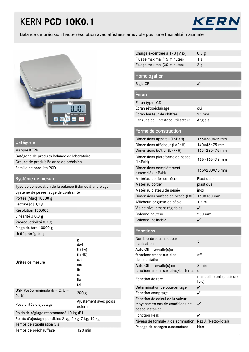 Página 1 del manual Ficha técnica Kern PCD 10K0.1