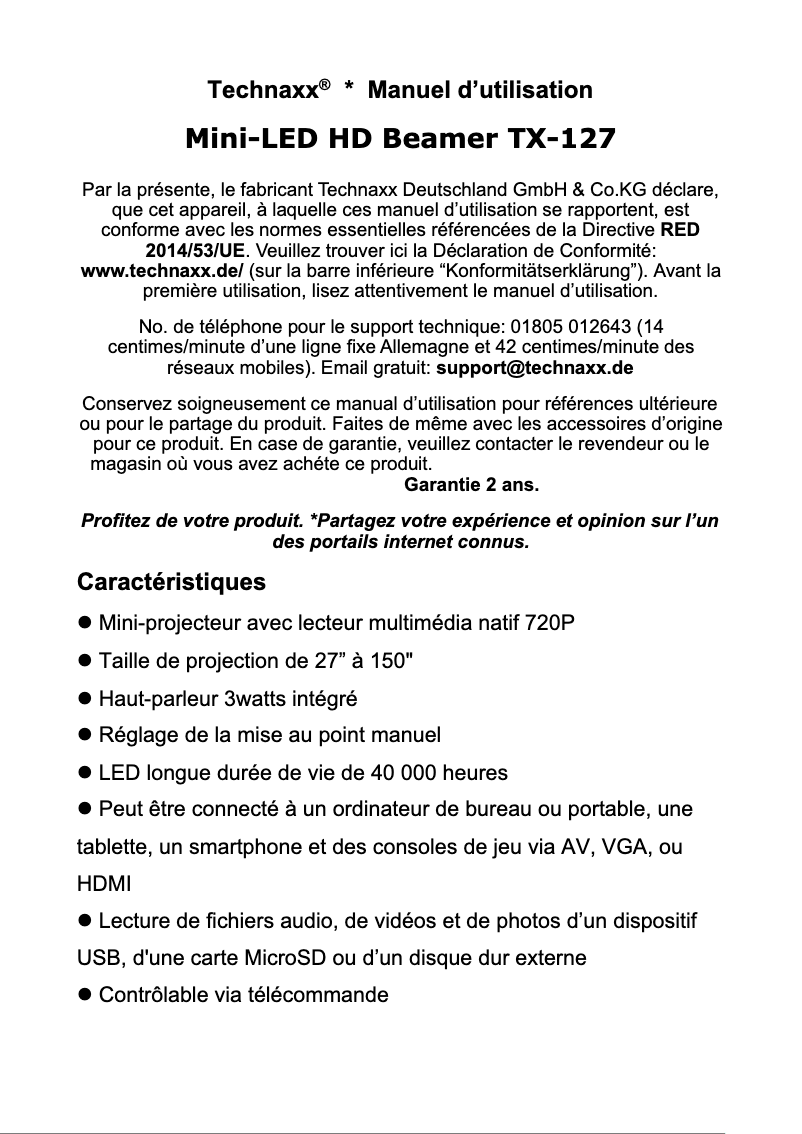 Page 1 de la notice Manuel utilisateur Technaxx TX-127