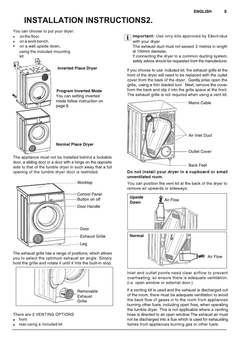 Page 1 de la notice Guide d'installation Electrolux EDV705HQWA